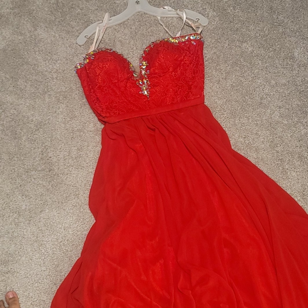 Red strapless floor length dress